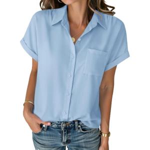 Zeagoo Womens Button Down Shirt Short Sleeve Blouse V Neck Dressy Casual Business Work Tops with Pocket S-XXL(Blue)