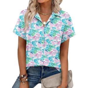 Zeagoo Womens Button Down Shirt Short Sleeve Blouse V Neck Dressy Casual Business Work Tops with Pocket S-XXL(Colorful Coral)