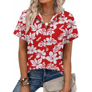 Zeagoo Womens Button Down Shirt Short Sleeve Blouse V Neck Dressy Casual Business Work Tops with Pocket S-XXL(Floral Red)