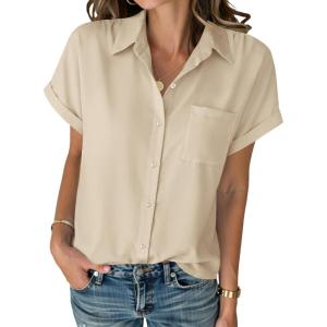 Zeagoo Womens Button Down Shirt Short Sleeve Blouse V Neck Dressy Casual Business Work Tops with Pocket S-XXL(Khaki)