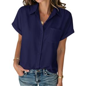 Zeagoo Womens Button Down Shirt Short Sleeve Blouse V Neck Dressy Casual Business Work Tops with Pocket S-XXL(Navy Blue)