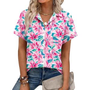 Zeagoo Womens Button Down Shirt Short Sleeve Blouse V Neck Dressy Casual Business Work Tops with Pocket S-XXL(Pink Floral)