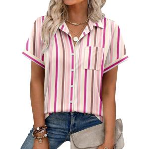 Zeagoo Womens Button Down Shirt Short Sleeve Blouse V Neck Dressy Casual Business Work Tops with Pocket S-XXL(Pink Stripes)