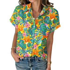 Zeagoo Womens Button Down Shirt Short Sleeve Blouse V Neck Dressy Casual Business Work Tops with Pocket S-XXL(Vibrant Tropical Plants)