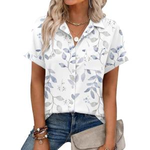 Zeagoo Womens Button Down Shirt Short Sleeve Blouse V Neck Dressy Casual Business Work Tops with Pocket S-XXL(White Leaves)