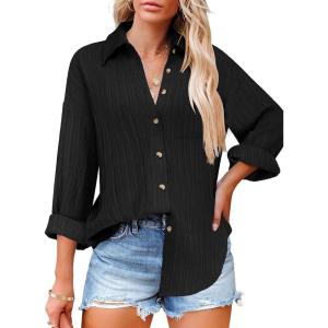 Zeagoo Womens Button Down Shirts Casual Long Sleeve Blouses V Neck Dress Shirt Textured Collared Work Tops with Pocket(Black)
