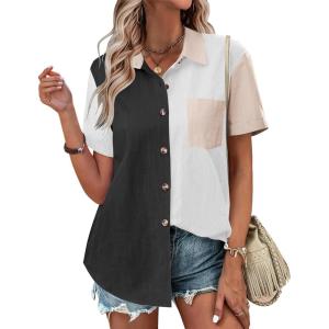 Zeagoo Womens Button Down Shirts Color Block Short Sleeve Cotton Linen Summer Causal Blouses Tops(Pat4)
