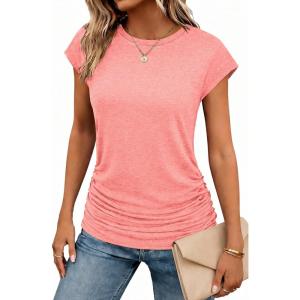 Zeagoo Women’s Cap Short Sleeve T-Shirts Ruched Crew Neck Trendy Fashion Tunic Blouse(2-tangerine)