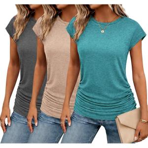 Zeagoo Women’s Cap Short Sleeve T-Shirts Ruched Crew Neck Trendy Fashion Tunic Blouse(3pcs Khaki  Dark Gray  Blue Green)
