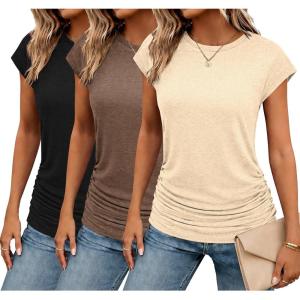 Zeagoo Women’s Cap Short Sleeve T-Shirts Ruched Crew Neck Trendy Fashion Tunic Blouse(3pcs W-brown  Beige  Black)