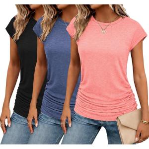 Zeagoo Women’s Cap Short Sleeve T-Shirts Ruched Crew Neck Trendy Fashion Tunic Blouse(3pcs X-tangerine  Navy Blue  Black)