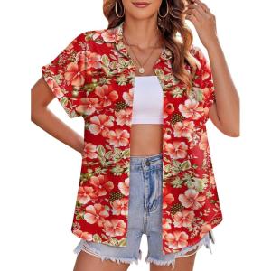 Zeagoo Women’s Hawaiian Button Down Shirts Casual Short Sleeve Floral Tropical Print Summer Blouse Tunic Top(Dh672)