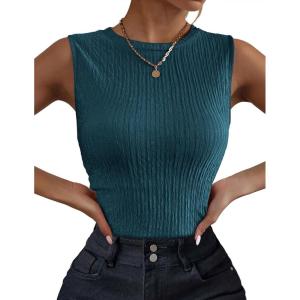 Zeagoo Women’s High Neck Tank Top 2026 Summer Casual Ribbed Knit Slim Fitted Basic Textured Sleeveless Shirts(Blue Green)