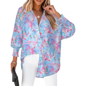 Zeagoo Women’s Loose Fit Striped Lantern Long Sleeve Button Down Shirt(B-blue Leaf)