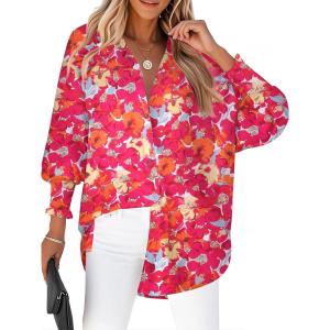 Zeagoo Women’s Loose Fit Striped Lantern Long Sleeve Button Down Shirt(B-floral Red)