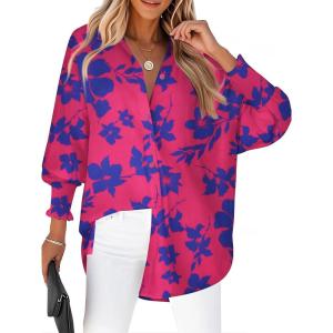 Zeagoo Women’s Loose Fit Striped Lantern Long Sleeve Button Down Shirt(B-pink Blue)