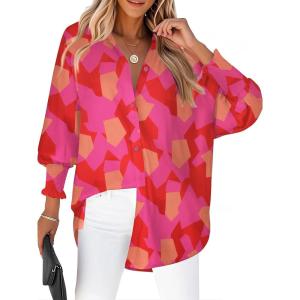 Zeagoo Women’s Loose Fit Striped Lantern Long Sleeve Button Down Shirt(B-pink Red)