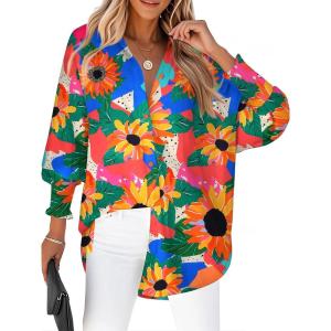 Zeagoo Women’s Loose Fit Striped Lantern Long Sleeve Button Down Shirt(B-sunflower)