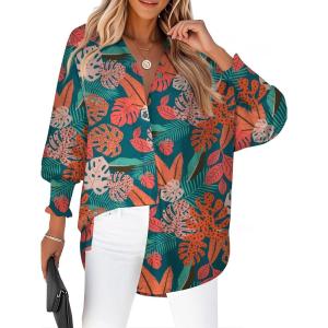 Zeagoo Women’s Loose Fit Striped Lantern Long Sleeve Button Down Shirt(B-tropical Leaf)