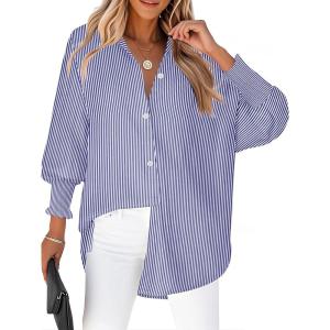 Zeagoo Women’s Loose Fit Striped Lantern Long Sleeve Button Down Shirt(C-dark Blue Stripe)