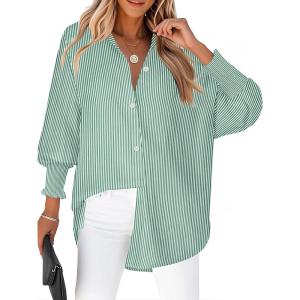 Zeagoo Women’s Loose Fit Striped Lantern Long Sleeve Button Down Shirt(C-green Stripe)