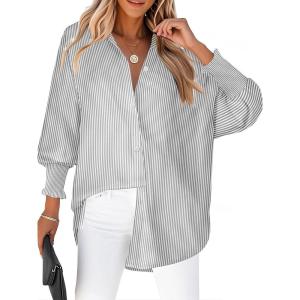 Zeagoo Women’s Loose Fit Striped Lantern Long Sleeve Button Down Shirt(C-grey Stripe)