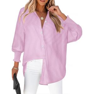 Zeagoo Women’s Loose Fit Striped Lantern Long Sleeve Button Down Shirt(C-pink Stripe)