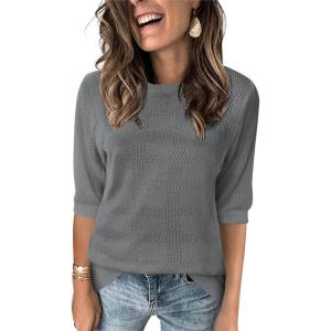 Zeagoo Womens Loose Short Sleeve Tunic Tops Lightweight Crew Neck Crochet Knit Pullover Sweater Blouses(Dark Grey)