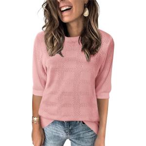 Zeagoo Womens Loose Short Sleeve Tunic Tops Lightweight Crew Neck Crochet Knit Pullover Sweater Blouses(Pink)