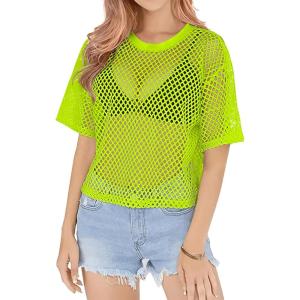 Zeagoo Womens Mesh T Shirts Short Sleeve Casual Tops Hollow Out Pullover Shirts Crewneck Sexy Fishnet Crop Tee S-XXL(Lemon Green)