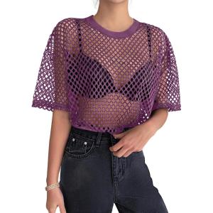 Zeagoo Womens Mesh T Shirts Short Sleeve Casual Tops Hollow Out Pullover Shirts Crewneck Sexy Fishnet Crop Tee S-XXL(Purple)