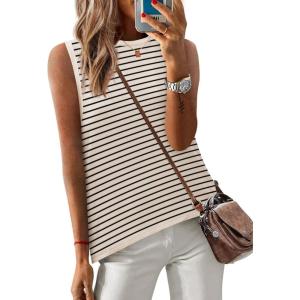 Zeagoo Womens Sleeveless Sweater Vest Crewneck Knit Loose Sweater Tank Tops Lightweight Shirts Blouses 2026(Stripe Beige)