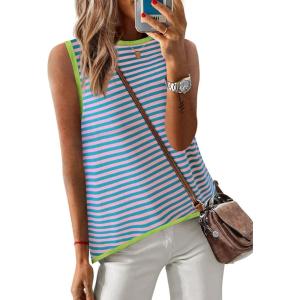 Zeagoo Womens Sleeveless Sweater Vest Crewneck Knit Loose Sweater Tank Tops Lightweight Shirts Blouses 2026(Stripe Pink Blue)