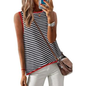 Zeagoo Womens Sleeveless Sweater Vest Crewneck Knit Loose Sweater Tank Tops Lightweight Shirts Blouses 2026(Stripe Red Black)