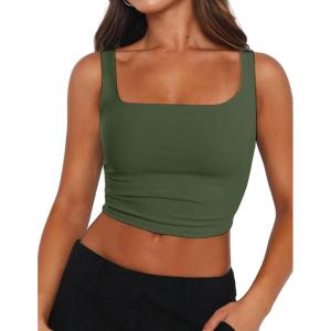 Zeagoo Women’s Square Neck Sleeveless Crop Tops 2026 Cute Double Layer Casual Slim Fit Trendy Tank Tops(Army Green)