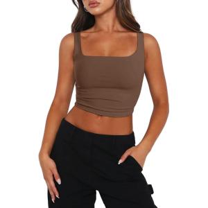 Zeagoo Women’s Square Neck Sleeveless Crop Tops 2026 Cute Double Layer Casual Slim Fit Trendy Tank Tops(Brown)