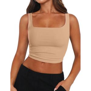 Zeagoo Women’s Square Neck Sleeveless Crop Tops 2026 Cute Double Layer Casual Slim Fit Trendy Tank Tops(Nude)