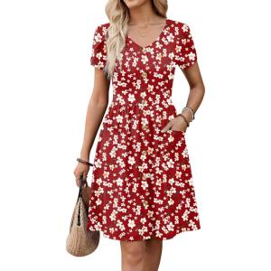 Zeagoo Womens Summer Dress Mini Petal Short Sleeve Dresses Pleated Button Down V Neck Floral Beach Swing Vacation Dress 2026(01-floral Red White)