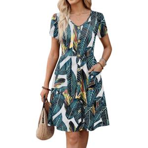 Zeagoo Womens Summer Dress Mini Petal Short Sleeve Dresses Pleated Button Down V Neck Floral Beach Swing Vacation Dress 2026(Blue Leaf)