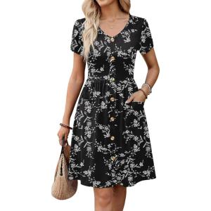 Zeagoo Womens Summer Dress Mini Petal Short Sleeve Dresses Pleated Button Down V Neck Floral Beach Swing Vacation Dress 2026(Floral Black)