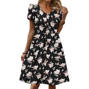 Zeagoo Womens Summer Dress Mini Petal Short Sleeve Dresses Pleated Button Down V Neck Floral Beach Swing Vacation Dress 2026(Floral Black White)