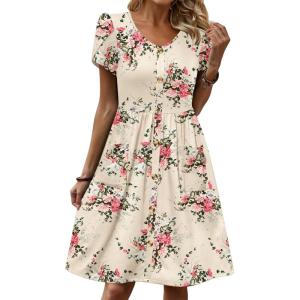 Zeagoo Womens Summer Dress Mini Petal Short Sleeve Dresses Pleated Button Down V Neck Floral Beach Swing Vacation Dress 2026(Floral Pink)
