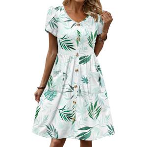 Zeagoo Womens Summer Dress Mini Petal Short Sleeve Dresses Pleated Button Down V Neck Floral Beach Swing Vacation Dress 2026(Leaf Blue Green)
