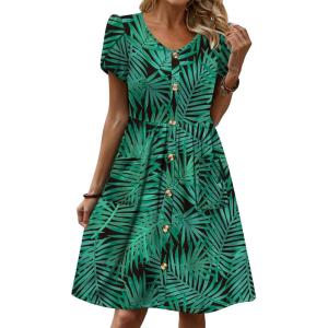 Zeagoo Womens Summer Dress Mini Petal Short Sleeve Dresses Pleated Button Down V Neck Floral Beach Swing Vacation Dress 2026(Leaf Green 1)