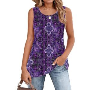 Zeagoo Women’s Summer Tank Tops 2026 Pleated Crew Neck Floral Solid Loose Fit Casual Sleeveless Flowy Boho Tunic Shirts(Mz907)