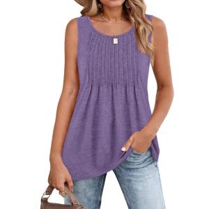 Zeagoo Women’s Summer Tank Tops 2026 Pleated Crew Neck Floral Solid Loose Fit Casual Sleeveless Flowy Boho Tunic Shirts(Purple)