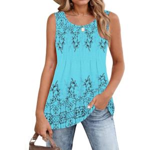 Zeagoo Women’s Summer Tank Tops 2026 Pleated Crew Neck Floral Solid Loose Fit Casual Sleeveless Flowy Boho Tunic Shirts(Sf314)