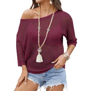 Zeagoo Womens Summer Tops Crochet Sweaters Resort Wear 3/4 Sleeve Hollow Out Knit Tops 2026 Beach Coverup(Burgundy)