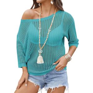 Zeagoo Womens Summer Tops Crochet Sweaters Resort Wear 3/4 Sleeve Hollow Out Knit Tops 2026 Beach Coverup(Lake Blue)