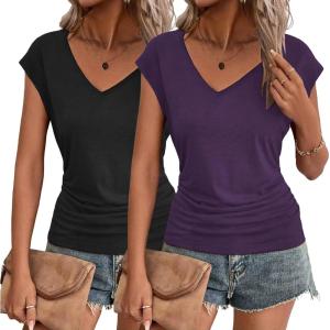 Zeagoo Womens Summer Tops Cute V Neck Cap Sleeve Tshirts Loose Fit Dressy Casual Shirts Ruched Top Tees(Black purple)